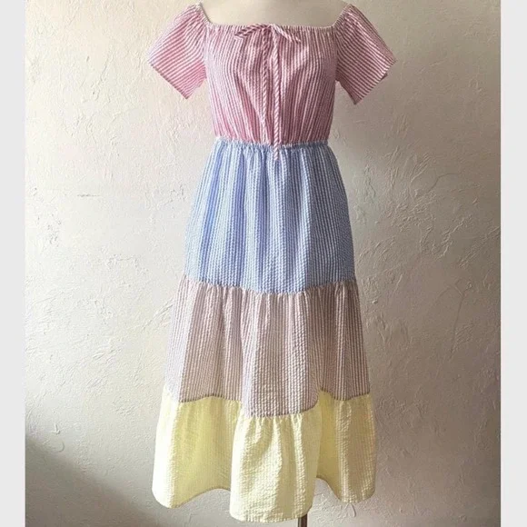 Urban Outfitters XS Off Shoulder Striped Seersucker Tiered Maxi Dress - Picture 5 of 7